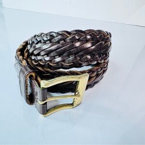 Structure Vintage Mens Italian Brown Leather Braided Belt Brass Buckle Size 34